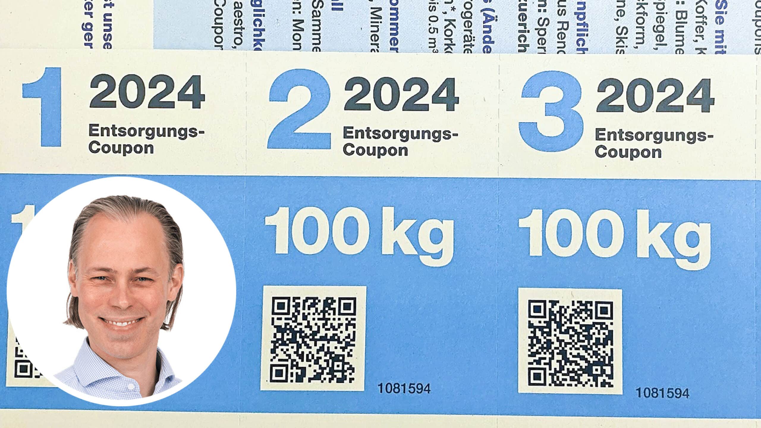 Im Hintergrund sind die Entsorgungs-Coupons der Stadt Zürich aus dem Jahr 2024 zu sehen. Im Vordergrund ist ein Porträtfoto von FDP-Politiker Emanuel Tschannen platziert.