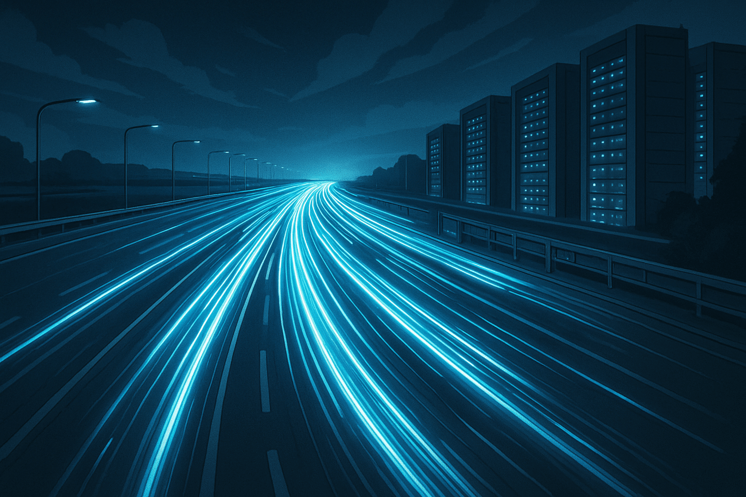 Futuristische Autobahn bei Nacht, auf der anstelle von Fahrzeugen leuchtende Datenströme fliessen. Am Horizont verschwimmen die Lichtspuren in einem unscharfen, ungewissen Ziel.