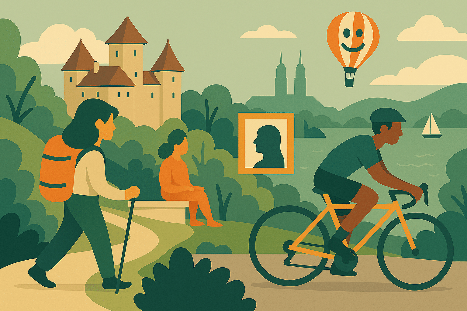 Flache Illustration mit Wanderszene, Schloss Kyburg, See, Heissluftballon, Velofahrer und städtischen Kultursymbolen.