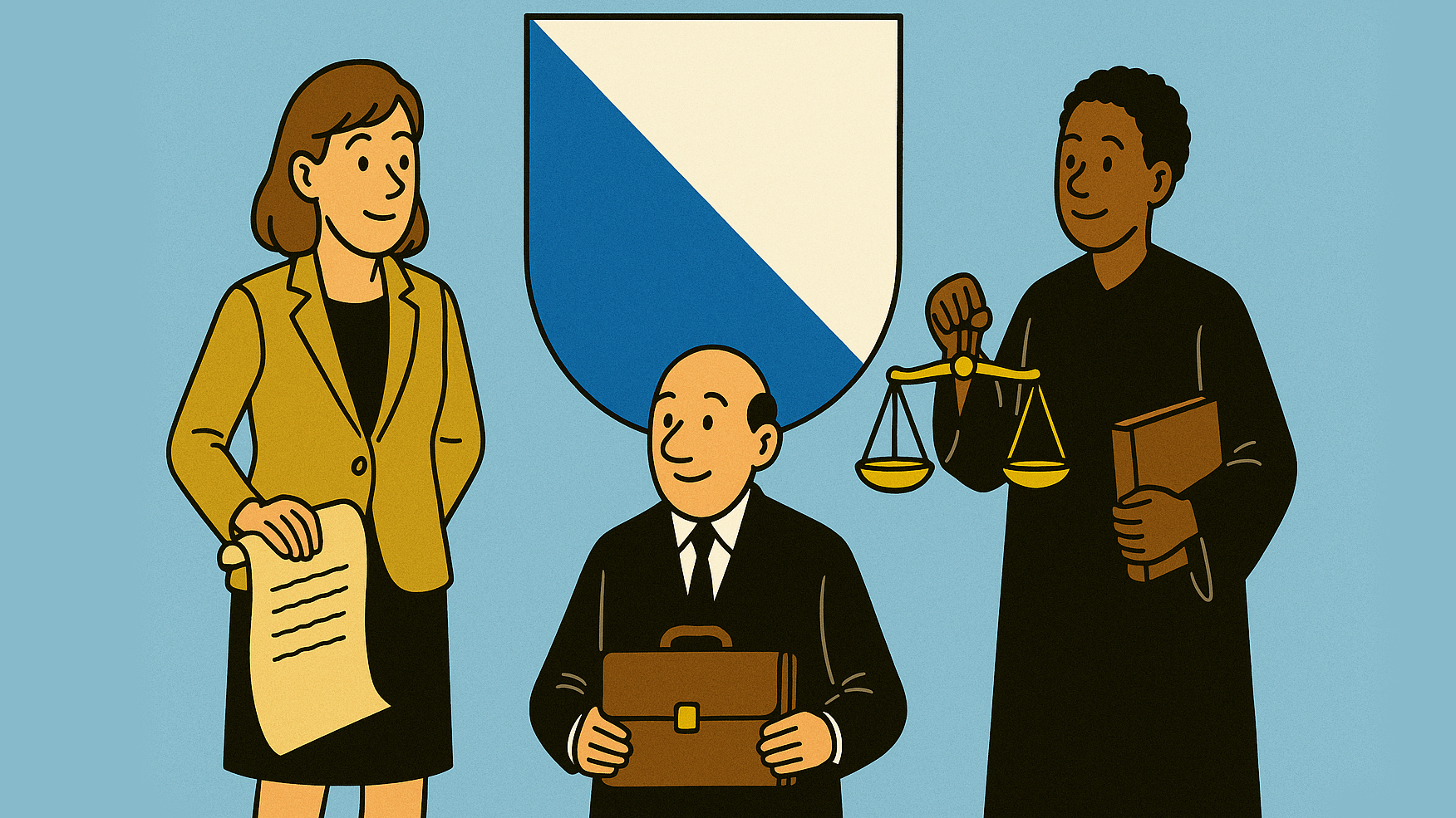 Die Illustration im Comicstil zeigt drei Figuren, die die Gewaltenteilung symbolisieren: eine Frau mit Schriftrolle (Legislative), ein Mann mit Aktentasche (Exekutive) und eine Person in Richterrobe mit Waage und Gesetzbuch (Judikative). Im Hintergrund ist das Wappen des Kantons Zürich zu sehen.