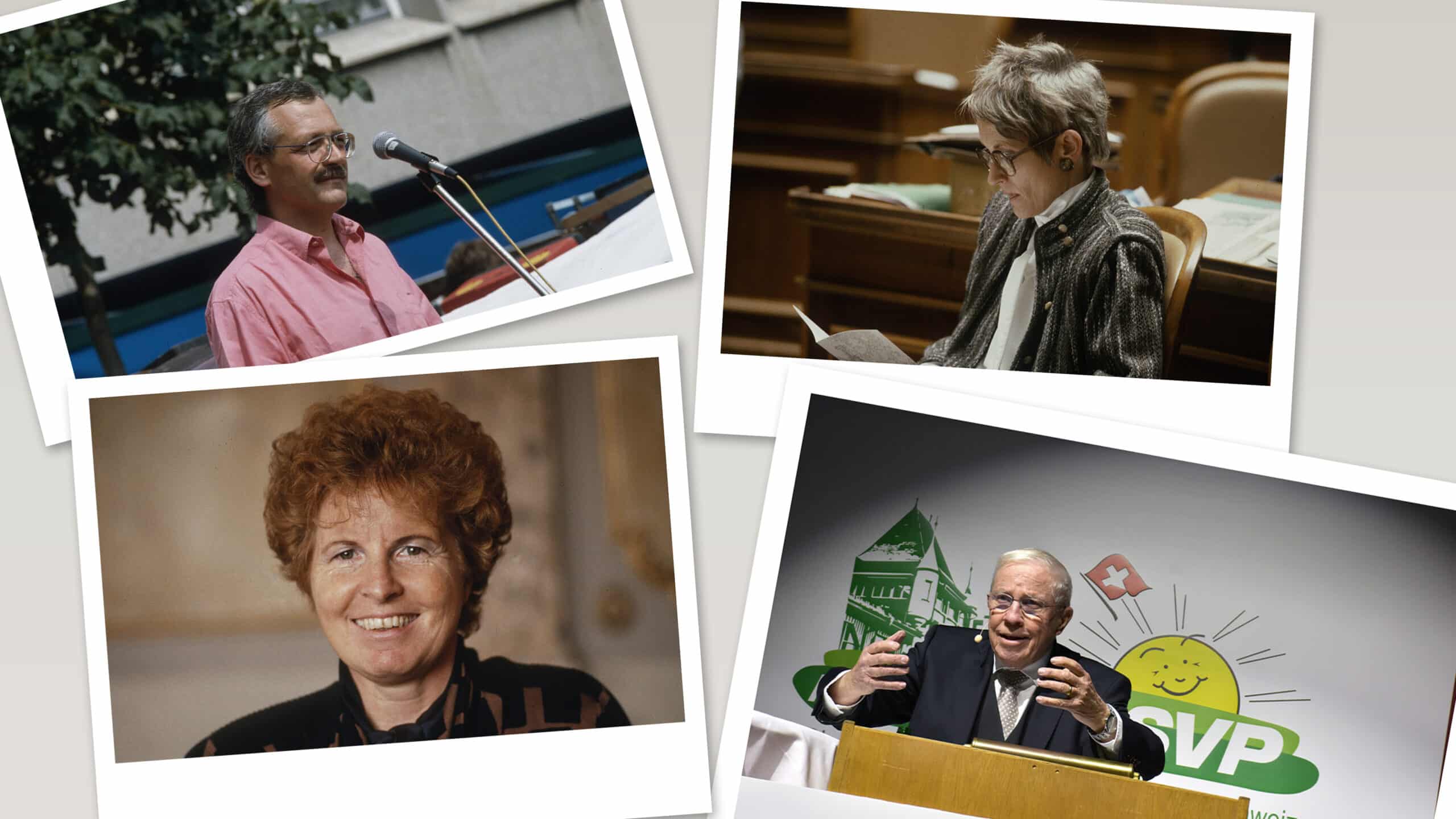 Collage von Fotos im Polaroid-Stil. Sie zeigen Christoph Blocher, Elmar Ledergerber, Vreni Spoerry und Verena Grendelmeier.