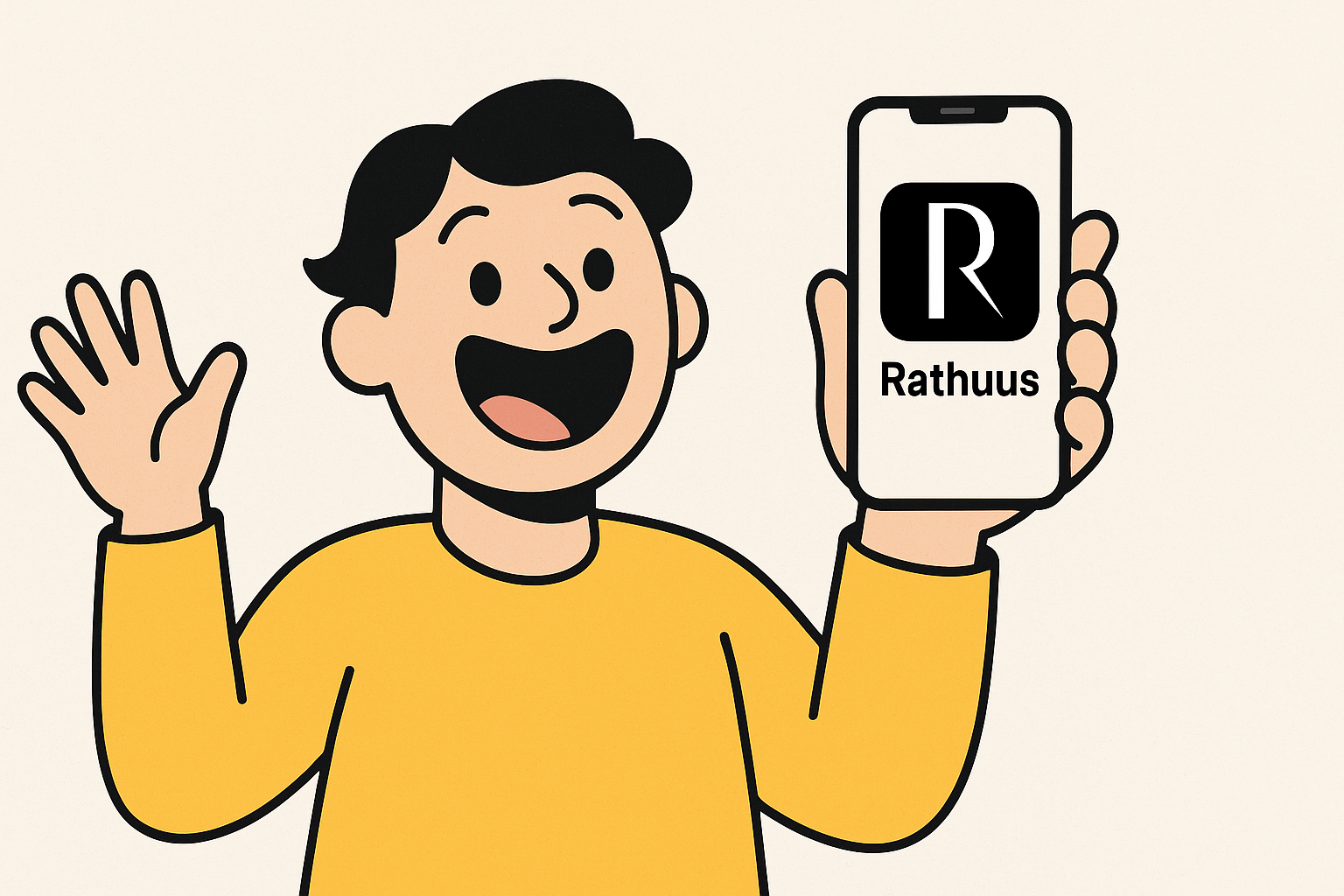 Freundliche Person zeigt stolz ihr Handy mit installiertem Rathuus-App-Icon – Werbung für die Webapp.