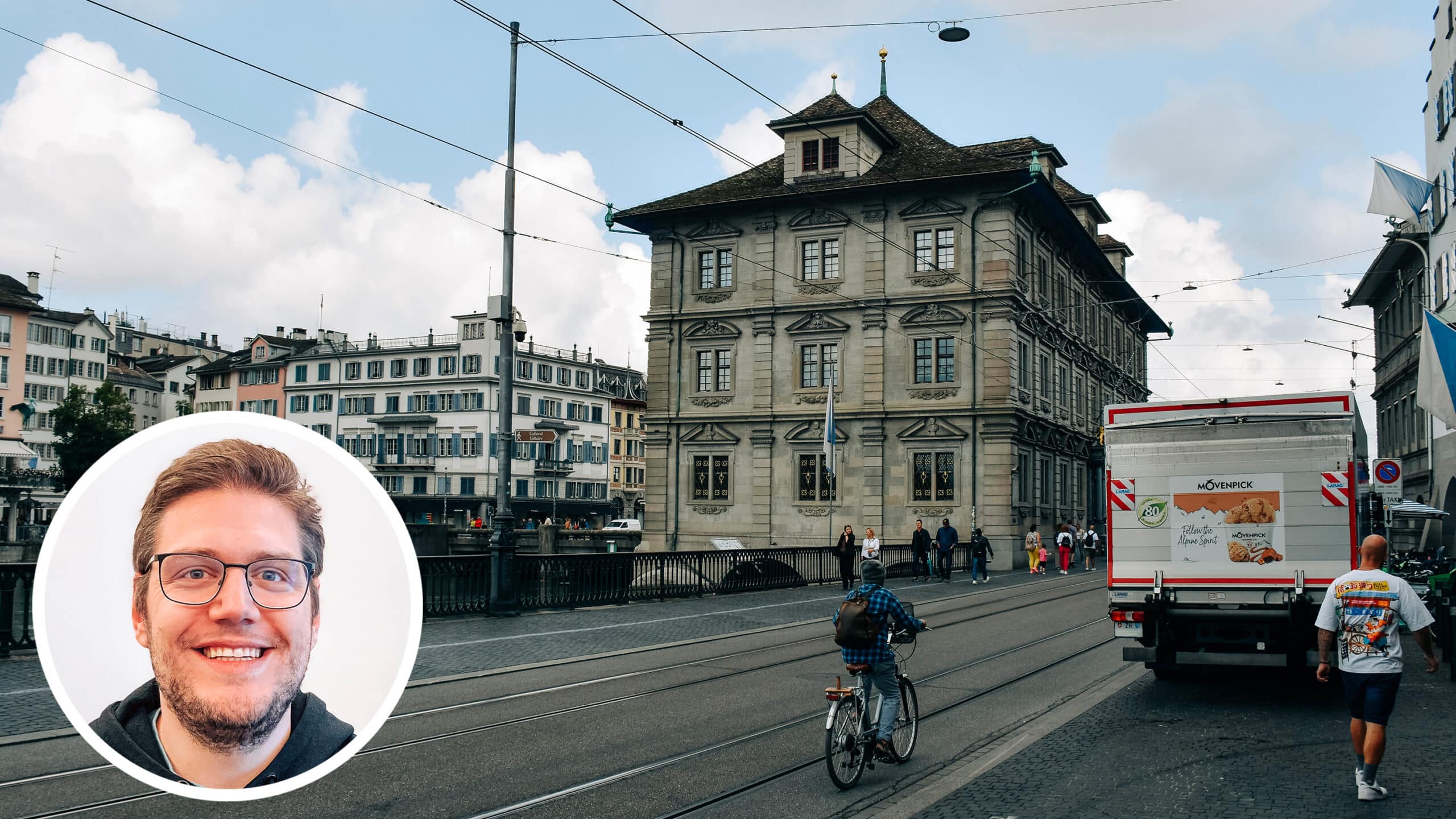 Das Bild zeigt den Limmatquai und im Hintergrund das Rathaus Zürich. Ein Lastwagen steht auf dem Trottoir vis-a-vis des Rathauses. Ein Velofahrer fährt auf der Strasse. Im Vordergrund ist ein Porträtfoto von Pascal Turin platziert.