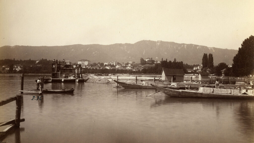 Auf dem Bild zu sehen die Bauarbeiten im Jahr 1882 für den neuen Quai am Zürichsee im Engequartier.