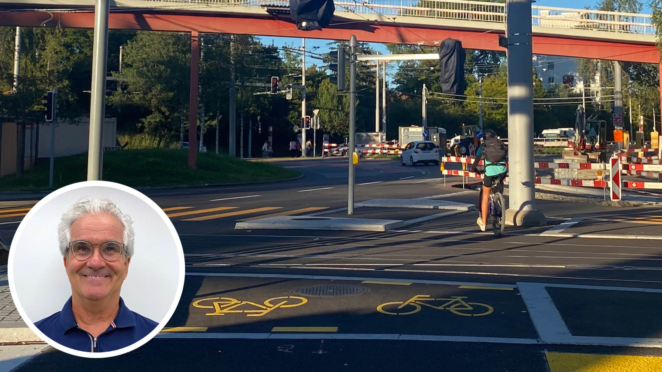 Das Bild zeigt die Velosituation am Bucheggplatz mit einem Pfosten mitten im Veloweg.