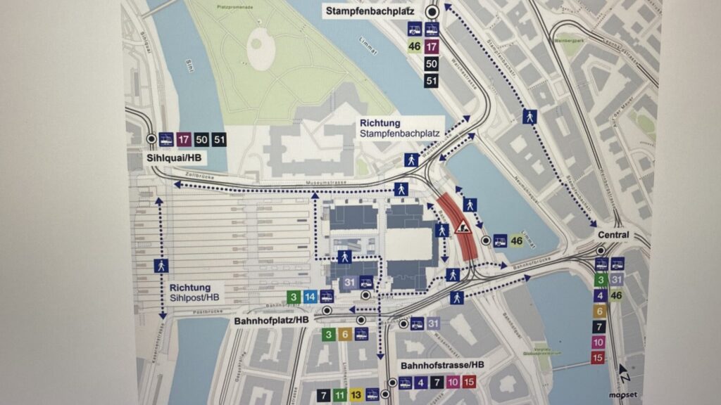 Auf dem Plan sind die Umleitungen am HB zu sehen, wenn die VBZ-Haltstelle Bahnhofquai für ein Jahr ausfällt wegen Bauarbeiten.