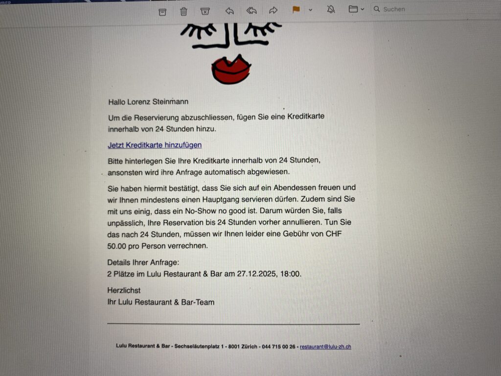 Zu sehen ist die Reservationsbestätigung des Lulu, ohne Zeitslot.