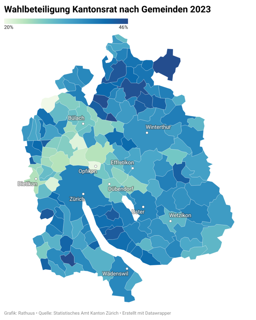 Karte des Kantons Zürich mit der Wahlbeteiligung bei den Kantonsratswahlen 2023 nach Gemeinden. Dunkelgrün zeigt hohe, hellgrün niedrige Beteiligung.