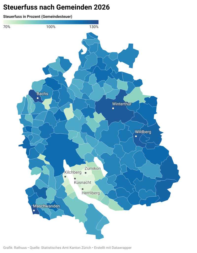 Karte des Kantons Zürich mit den Steuerfüssen 2026 nach Gemeinden. Dunkelblau steht für hohe, hellgrün für tiefe Steuerfüsse.