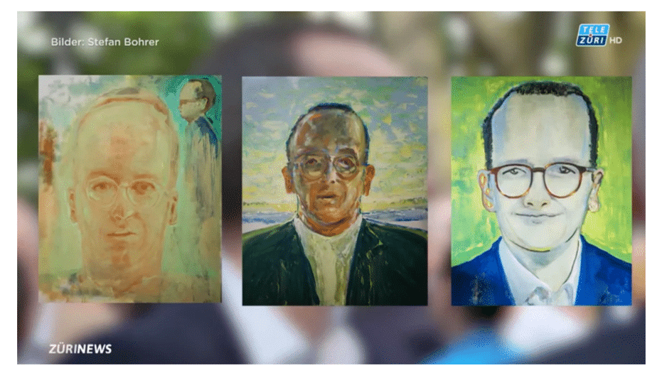 Zu sehen sind die drei von Regierungsrat Martin Neukom abgelehnten Bilder des Künstlers Hans Witschi. Alle drei betonen die hohe Stirn von Neukom.