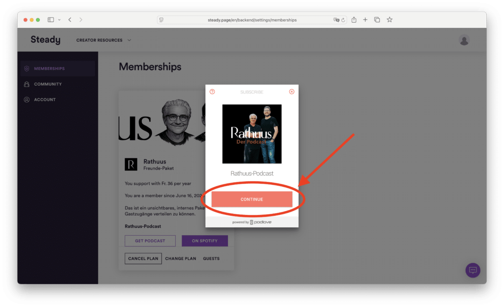 Ein Steady-Mitgliedschaftsbereich zeigt ein Pop-up zum Rathuus-Podcast mit Coverbild und Weiter-Button.