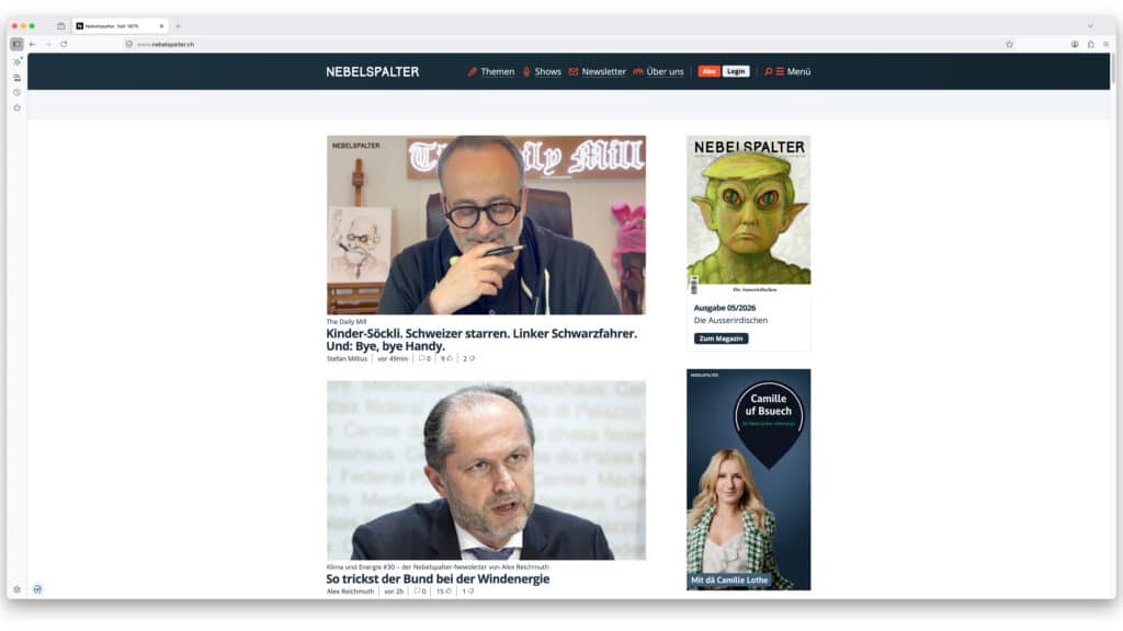Screenshot der Nebelspalter-Website mit Startseite, Navigationsleiste, zwei Artikelteasern und einer rechten Spalte mit Magazin- und Podcast-Hinweisen.