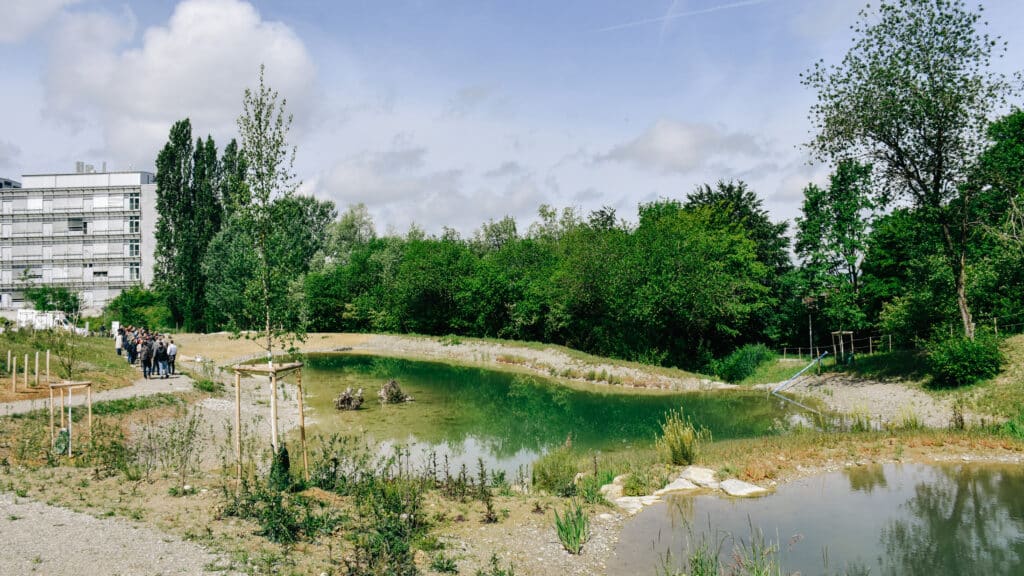 Neue Weiheranlage im Irchelpark mit Menschengruppe am Ufer.