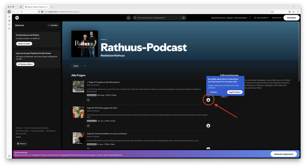 Screenshot der Spotify-Seite des Rathuus-Podcasts mit Folgenliste und Informationen zum Abo.