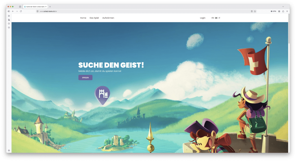 Screenshot der Website «Suche den Geist!» mit einer illustrierten Schweizer Landschaft und einem Spiel-Button.