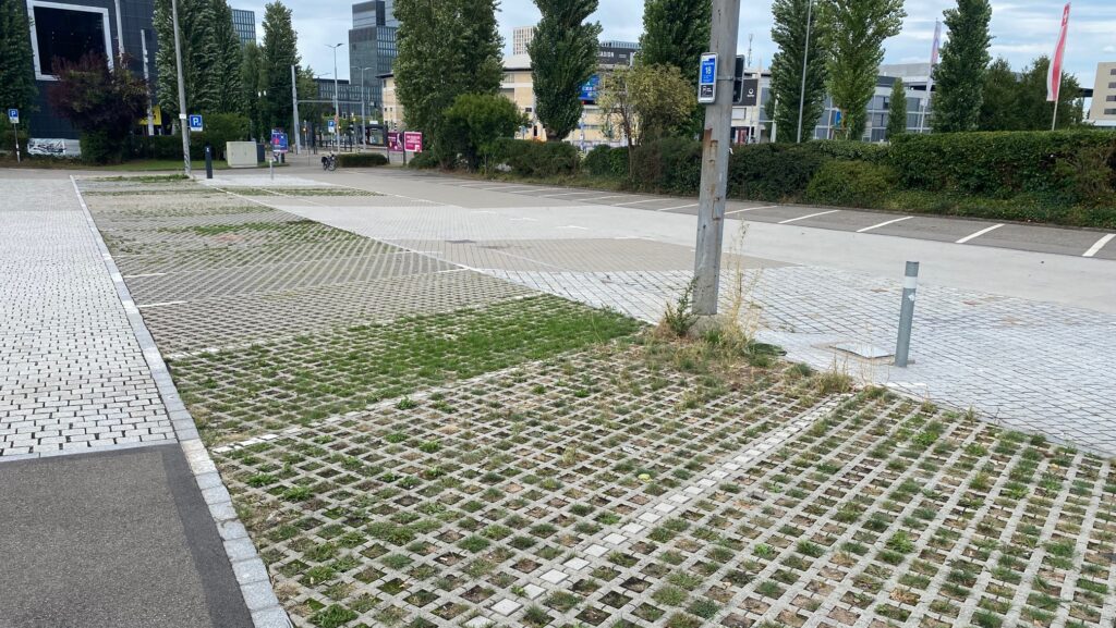 Zu sehen sind die Probeparkfelder in Oerlikon. Es sind verschiedene Rasenziegelvarianten, wo jeweils Gras durch die Öffnungen wächst. Im Hintergrund sieht man das Hallenstadion.