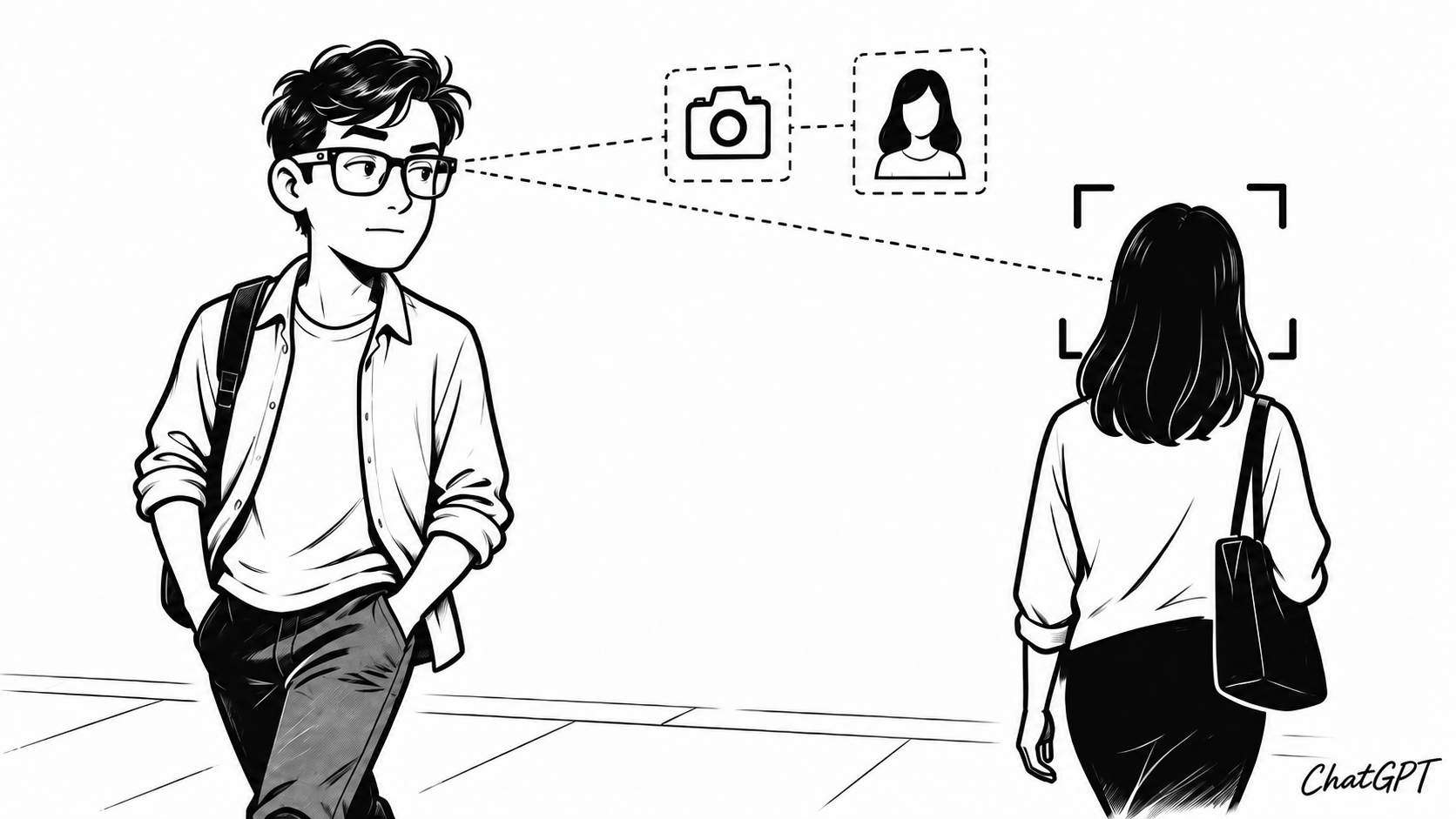 Schwarz-weisse Illustration eines Manns mit Smart Glassesm, der unbemerkt eine vorbeigehende Frau filmt.