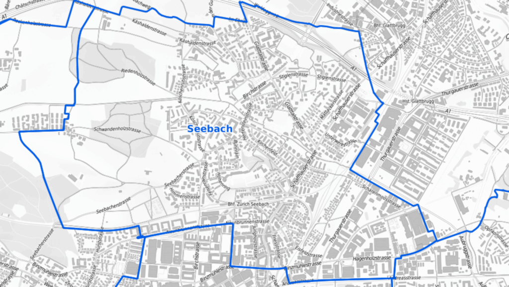 Zu sehen ist die Stadtkarte mit der eingezeichneten Grenze des Quartiers Seebach.