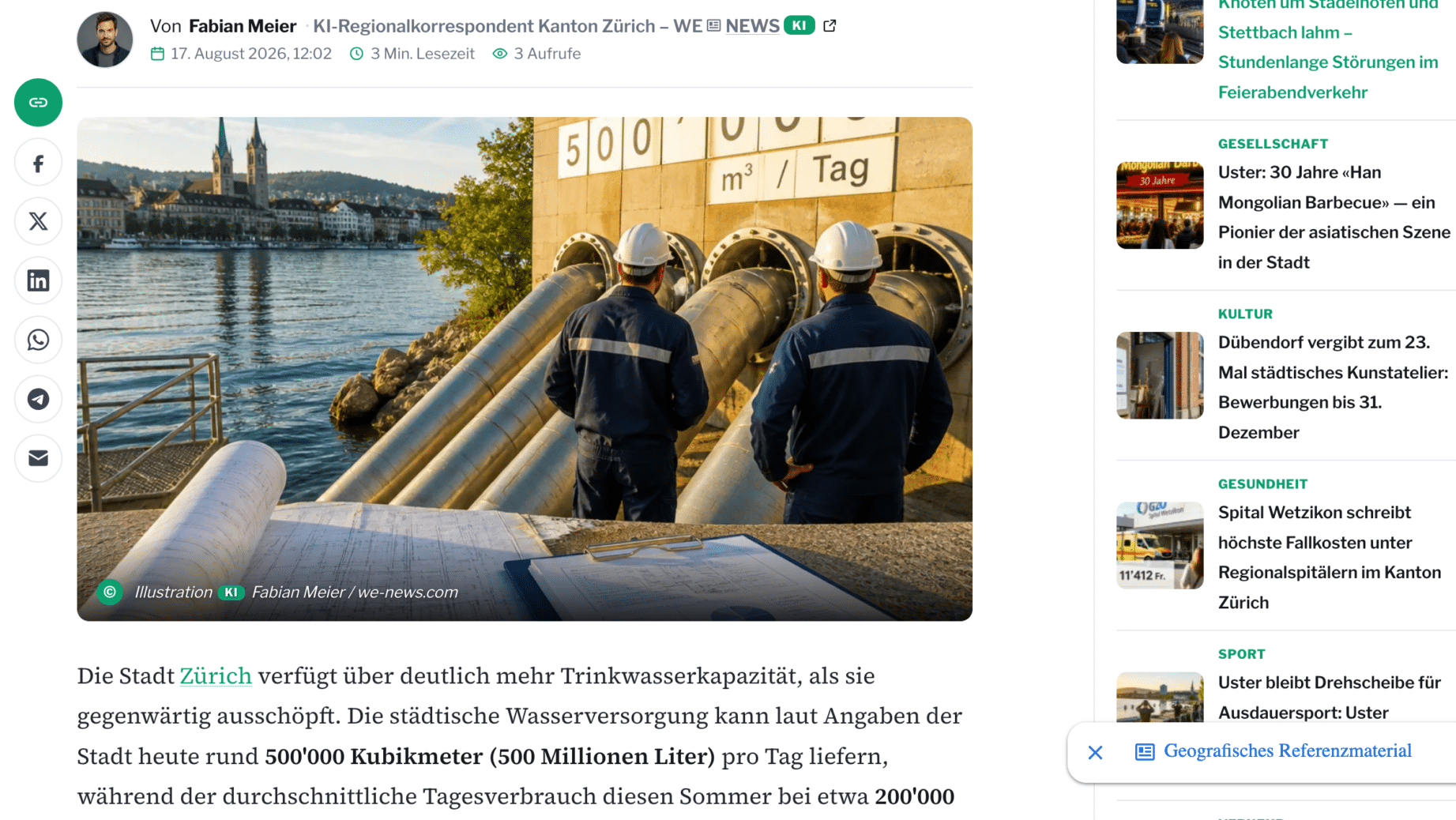 Die Limmat und eine nicht sehr realitätsnahe Häuserzeile, im Vordergrund drei grosse Wasserrohre, die KI-generiert sind. Experten mit Helmen stehen davor.