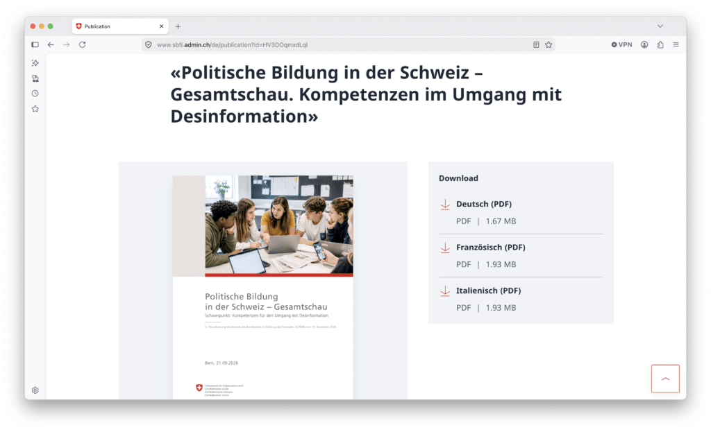 Screenshot einer SBFI-Webseite zum Bericht über politische Bildung in der Schweiz mit Download-Links in drei Sprachen.