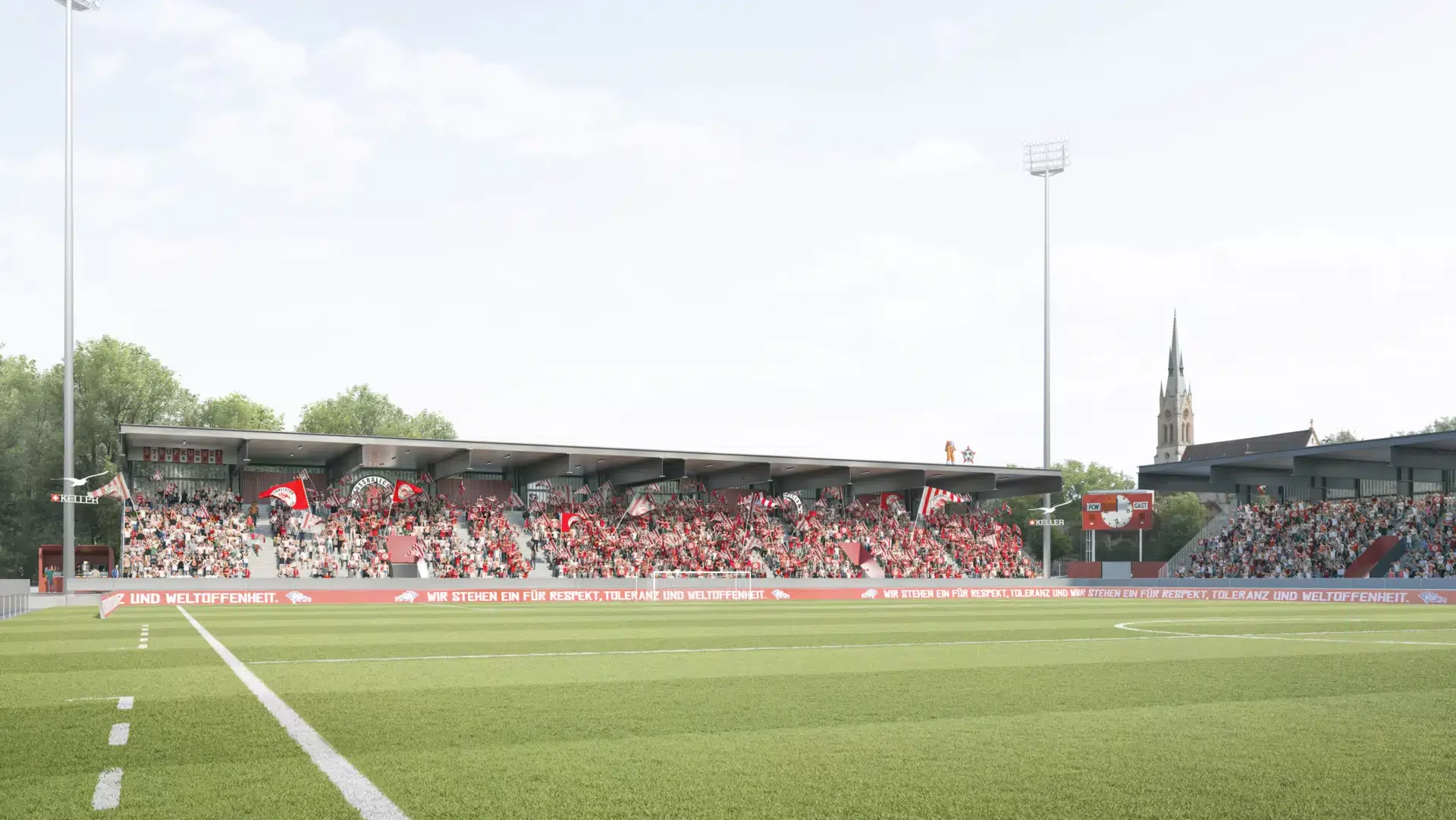 Zu sehen ist eine Visualisierung des neuen Fussballstadions in Winterthur mit der Haupttribüne voller Fans. Rechts im Hintergrund ist die Kirche St. Peter und Paul zu sehen. Es herrscht wolkenlose Abendstimmung.