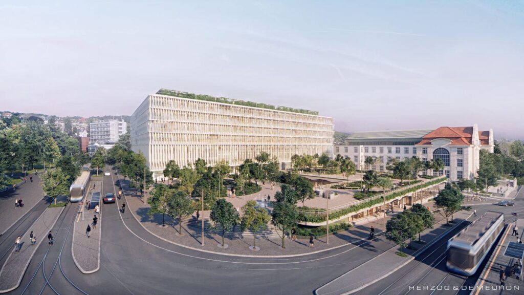 Zu sehen ist der gaplante Neubau des Forums UZH. Im Vordergrund die Rämistrasse, dann die grosszügige Terasse des Neubaus plus der 7-stöckige Neubau mit begrüntem, begehbarem Dach.